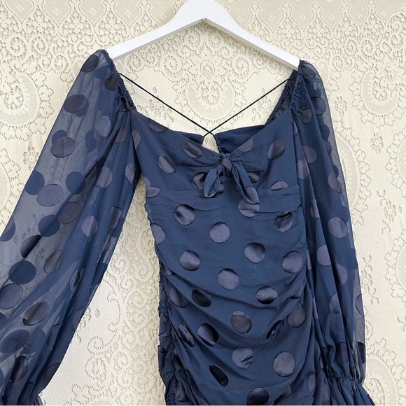 For Love and Lemons Navy Blue Polka Dot Chiffon Ruched Lula Mini Dress - Picture 6 of 16